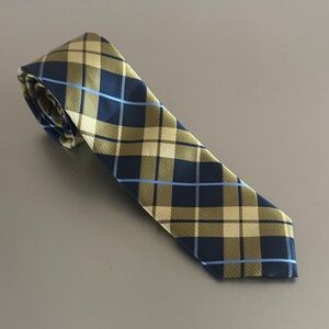 Chaps Navy and Gold Plaid Tie with Light-Blue Accents